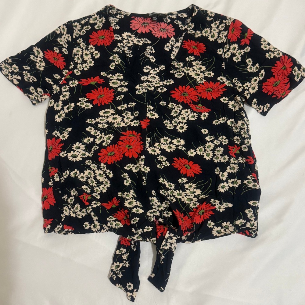 Madewell Floral Tie Front V-Neck Top Navy Red Daisy XXS Short Sleeve Viscose